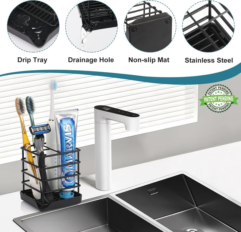 Chintu Toothbrush Holders for Bathrooms, Stainless Steel Bathroom Toothbrush Holder Kids Electric Tooth Brushing Holder Stand and Toothpaste Holder for Bathroom Accessories Organizer with Tray, Black (Small) - Image 4